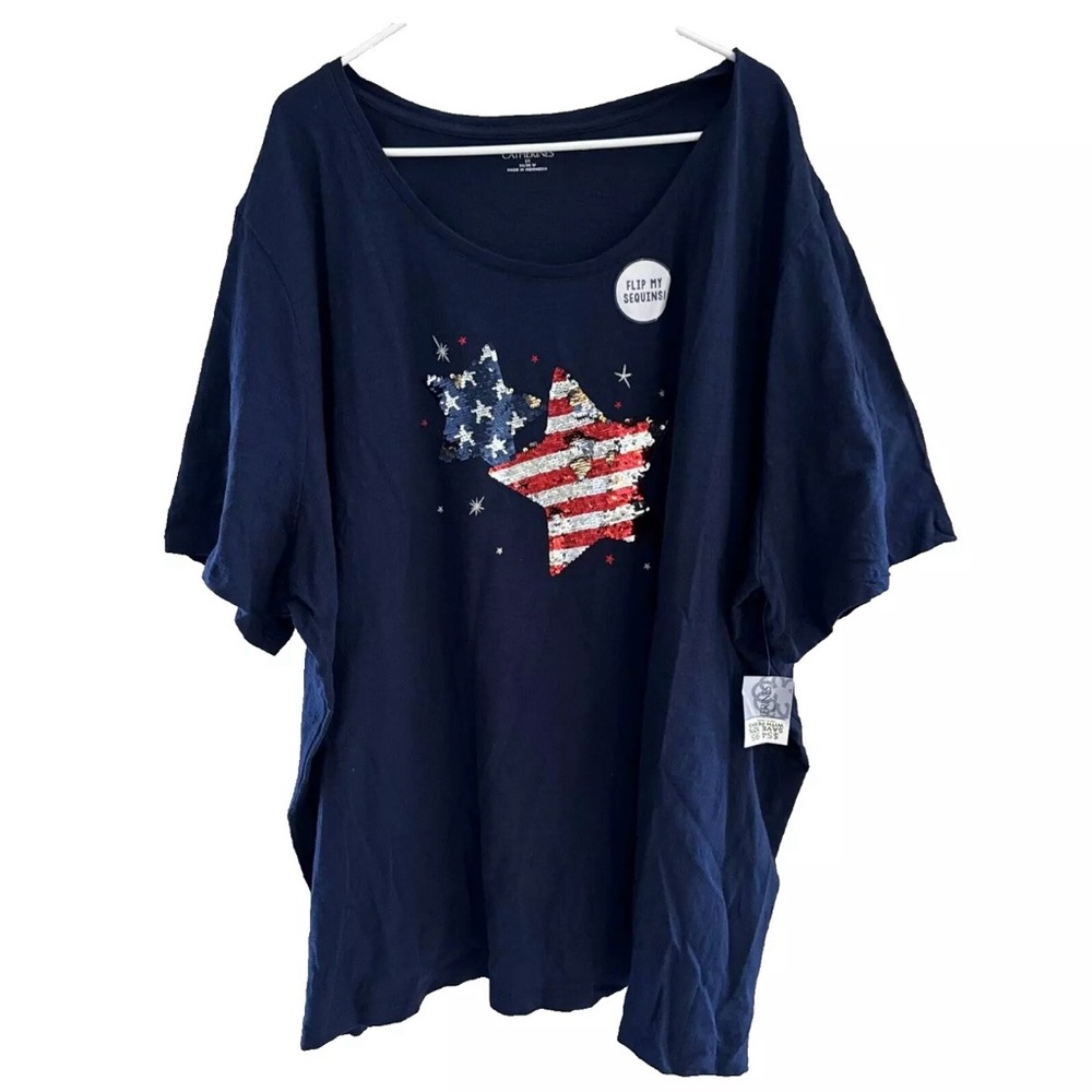 NEW Catherine’s Womens 5X 34-36W Shirt Navy Blue Short Sleeves American Flag